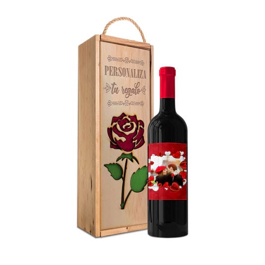 Caja especial Rosa + botella de vino personalizada regalos personalizados