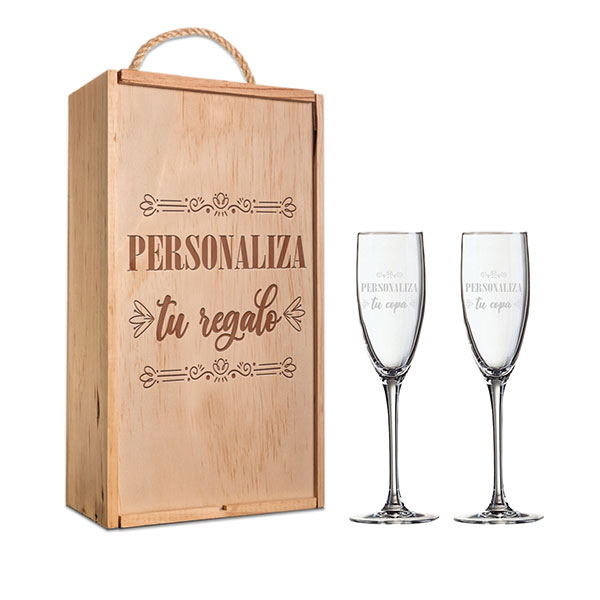 Kit de 2 copas de cava grabadas con caja de madera personalizada regalos personalizados