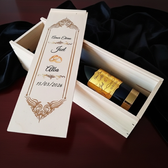 Aniversario de Boda: Estuche Premium con Botella Reserva y Compartimento para Anillos - Vista alternativa