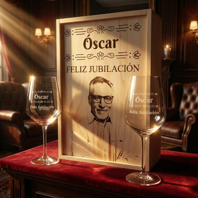 Kit de 2 Copas de vino grabadas a punta de diamante con estuche de madera personalizado - Vino personalizado