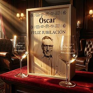 Kit de 2 Copas de vino grabadas con estuche de madera personalizado - Modelo Jubilación con Cenefas 1
