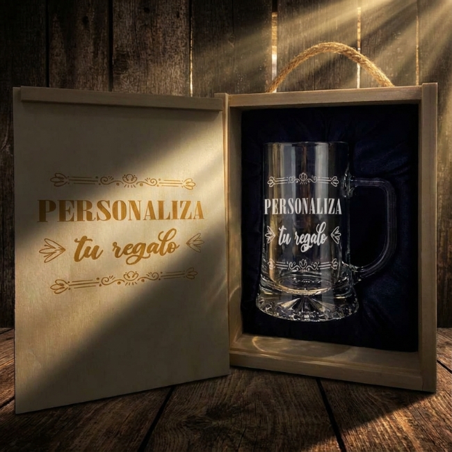 Kit de jarra de cerveza grabada con estuche de madera personalizado. - Vino personalizado