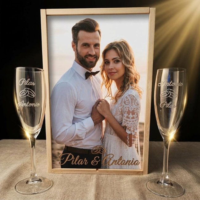 Kit de 2 Copas de cava grabadas a punta de diamante con estuche de madera personalizado - Vino personalizado
