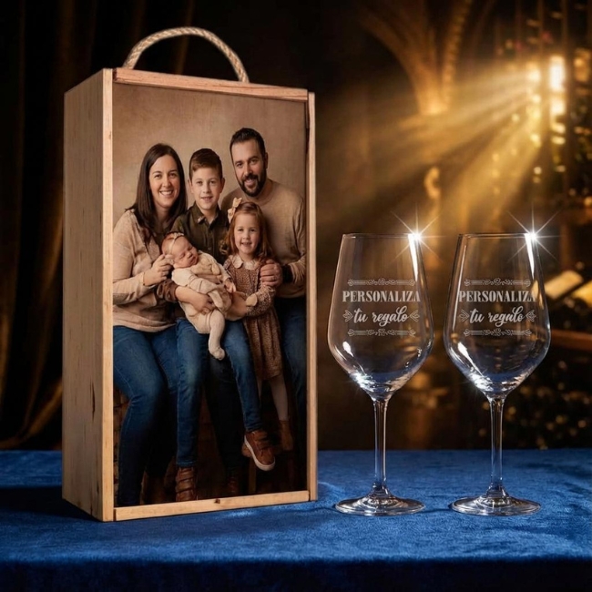 Kit de 2 copas de vino con estuche de madera personalizado - Vino personalizado