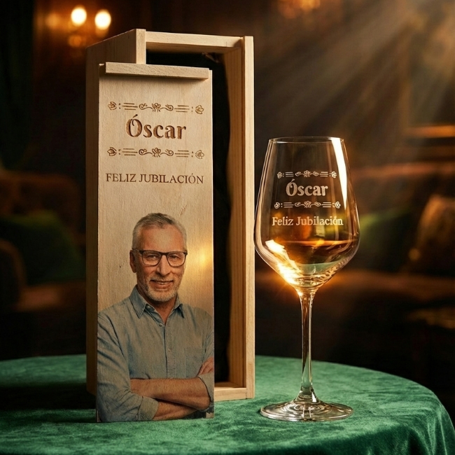 Kit de 1 Copa de vino grabada a punta de diamante con estuche de madera personalizado - Vista alternativa