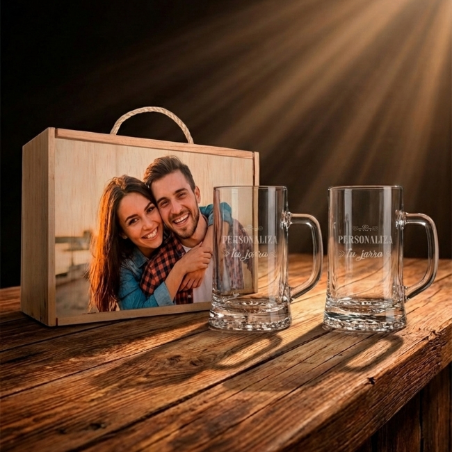 Kit de 2 Jarras de cerveza grabadas a punta de diamante con estuche de madera personalizado - Vino personalizado
