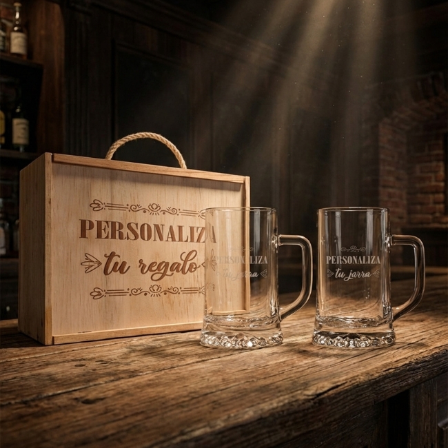 Kit de 2 Jarras de cerveza grabadas a punta de diamante con estuche de madera personalizado - Vista alternativa