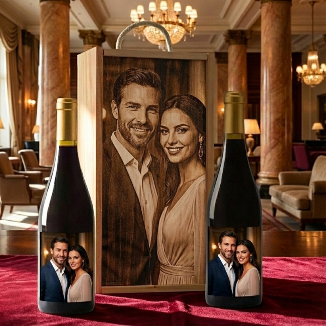 Kit personalizado con dos botellas de vino o espumoso y caja de madera - Vista alternativa