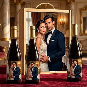 Kit personalizado con tres botellas de vino o espumoso y caja de madera 1