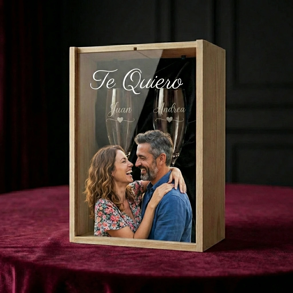 Kit de 2 copas de cava grabadas con estuche de madera y tapa de metacrilato personalizada a color - Vino personalizado