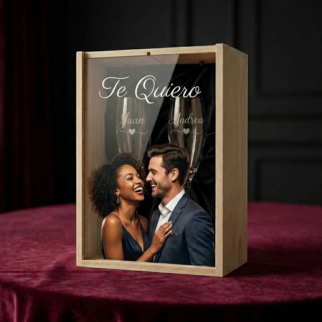 Kit de 2 copas de cava grabadas con estuche y tapa de metacrilato a color - Imagen 3 - Vinos personalizados