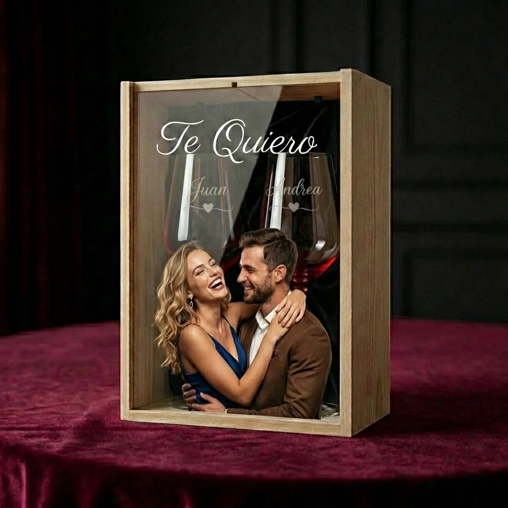 Kit de 2 copas de vino grabadas con estuche y tapa de metacrilato a color - Imagen 1 - Vinos personalizados