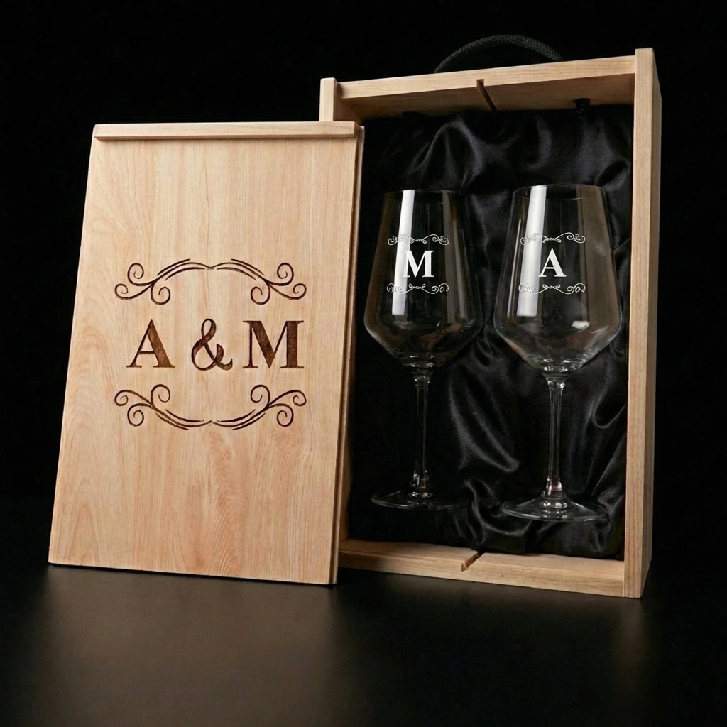 Kit de 2 copas de vino con estuche de madera personalizado modelo iniciales con cenefas - Imagen 2 - Vinos personalizados