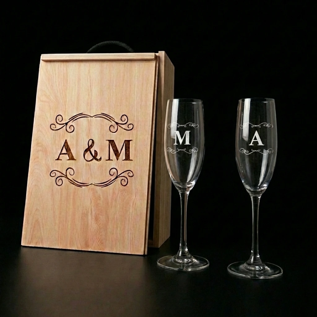 Kit de 2 copas de cava con estuche de madera personalizado modelo iniciales - Vino personalizado