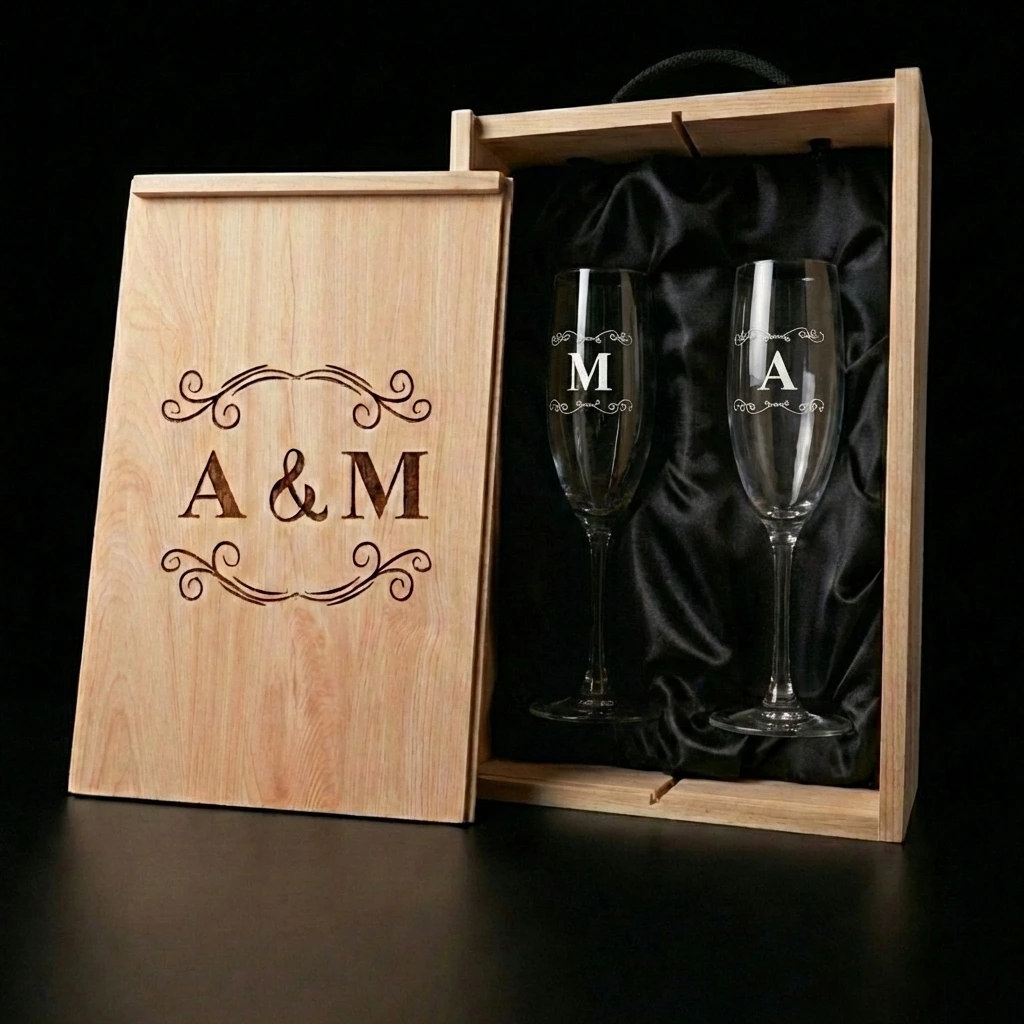Kit de 2 copas de cava con estuche de madera personalizado modelo iniciales - Vista alternativa