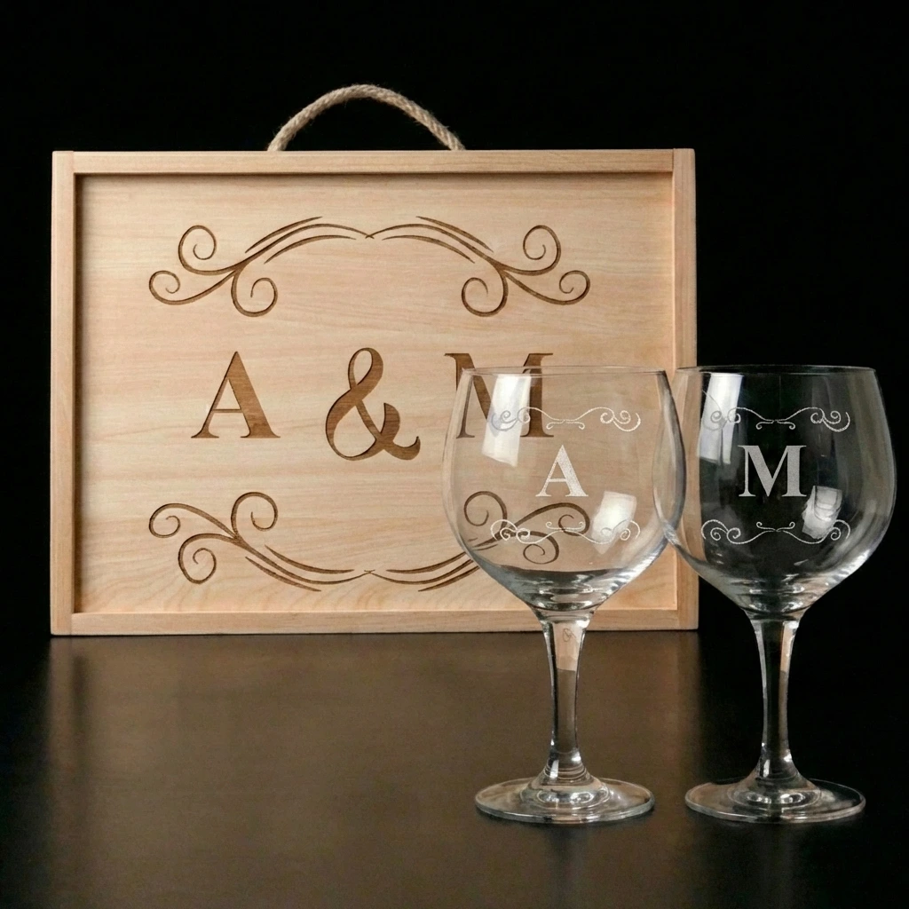 Kit de 2 copas Gintonic con estuche de madera personalizado modelo iniciales - Imagen 1 - Vinos personalizados