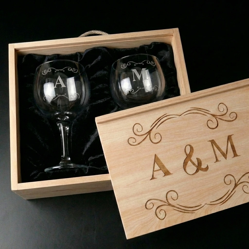 Kit de 2 copas Gintonic con estuche de madera personalizado modelo iniciales - Imagen 2 - Vinos personalizados
