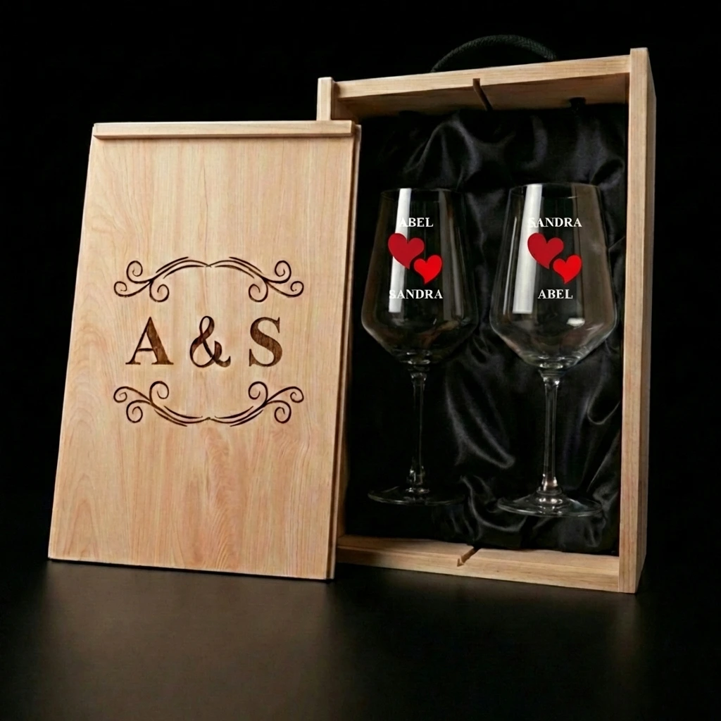 Kit de 2 copas de vino a color con estuche de madera personalizado - Vista alternativa