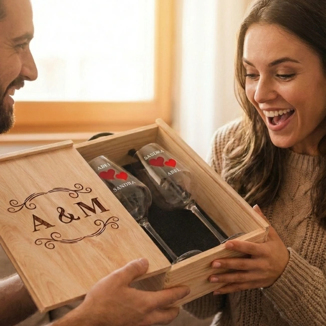 Kit de 2 copas de vino a color con estuche de madera personalizado - Vino personalizado