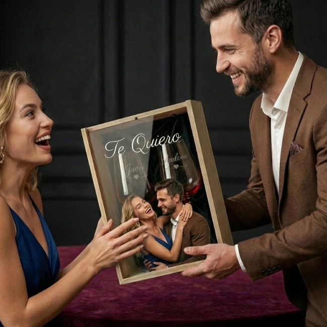 Kit de 2 copas de vino grabadas con estuche de madera y tapa de metacrilato personalizada a color - Vino personalizado