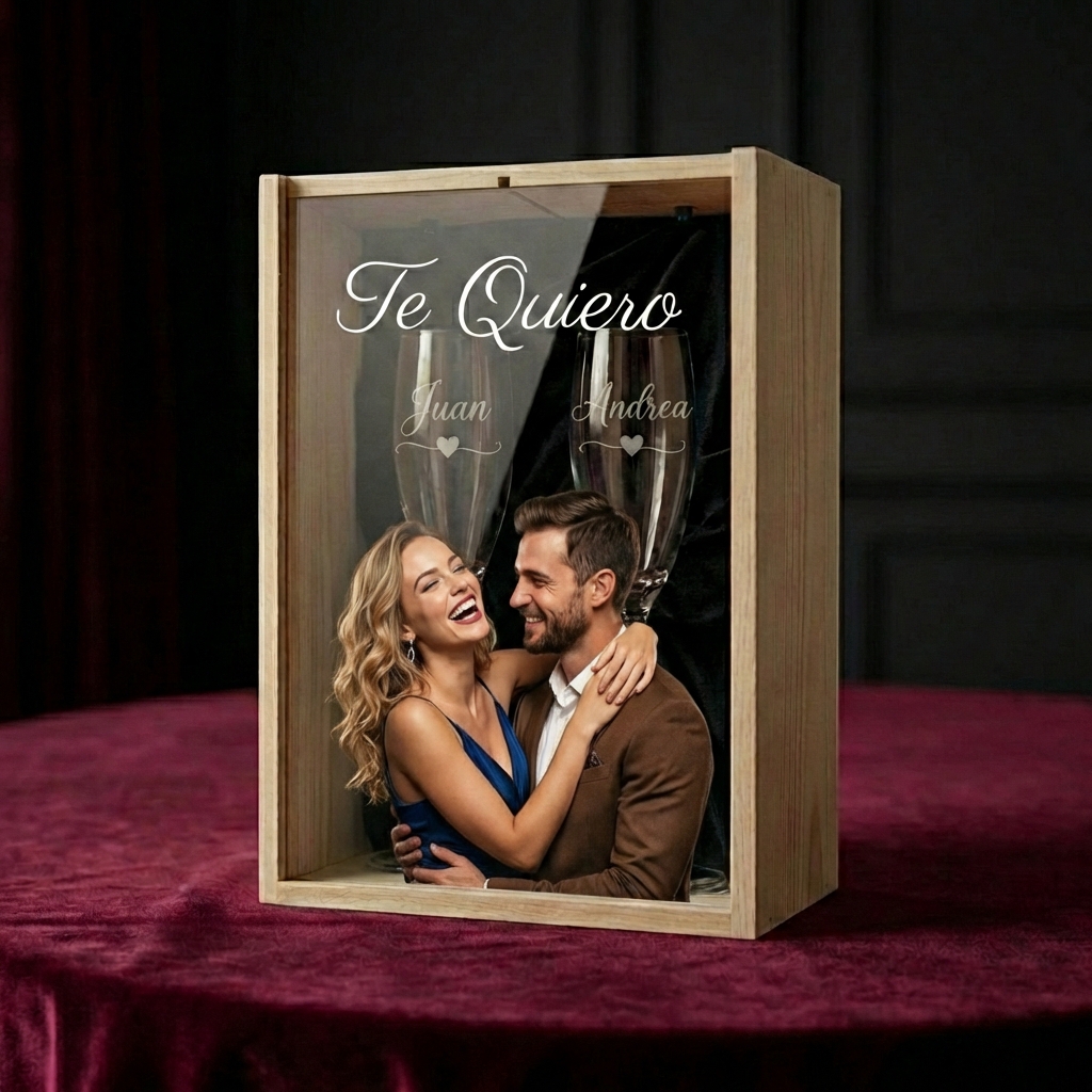 Kit de 2 copas de vino grabadas con estuche de madera y tapa de metacrilato personalizada a color - Vista alternativa