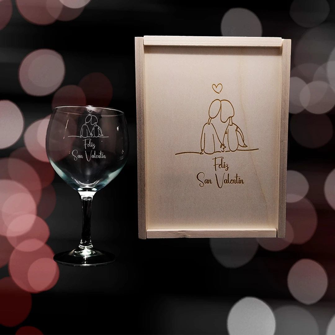Kit de 1 Copa de Gintonic Grabada con estuche de madera personalizado - Modelo San Valentín - Vino personalizado