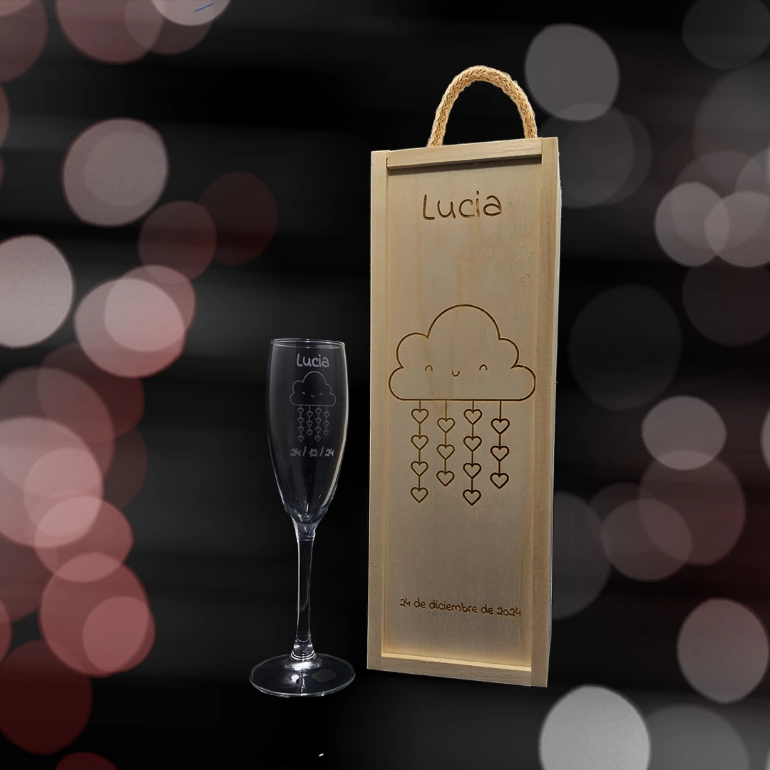 Kit de 1 Copa de cava grabada con estuche de madera personalizado - Modelo Bautizo - Vino personalizado