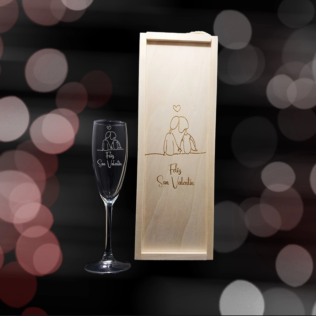 Kit de 1 Copa de cava grabada con estuche de madera personalizado - Modelo San Valentín - Vino personalizado