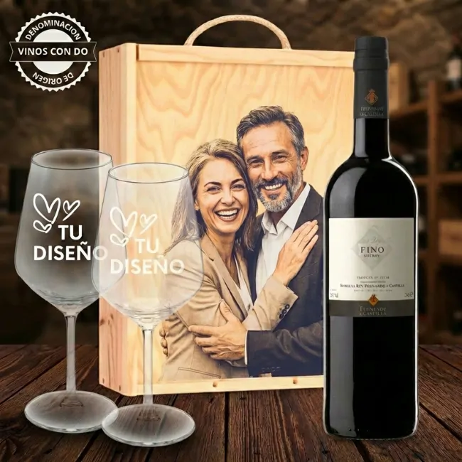 Kit de vino personalizado con caja y 2 copas – DO Jerez - Vino personalizado