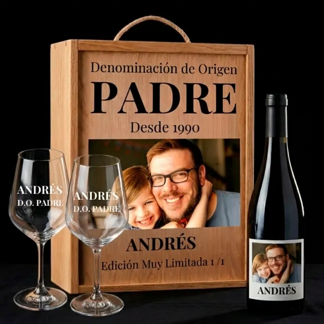 Kit DO Padre – Caja, Vino Personalizado y 2 Copas Grabadas - Imagen 2 - Vinos personalizados