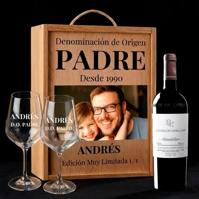 Kit DO Padre – Caja, Vino  Pago de los Capellanes Crianza D.O. Ribera del Duero y 2 Copas Grabadas - Imagen 2 - Vinos personalizados