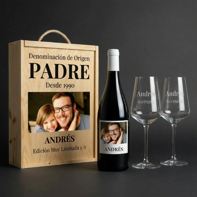 Kit DO Padre – Caja, Vino Personalizado y 2 Copas Grabadas - Vino personalizado