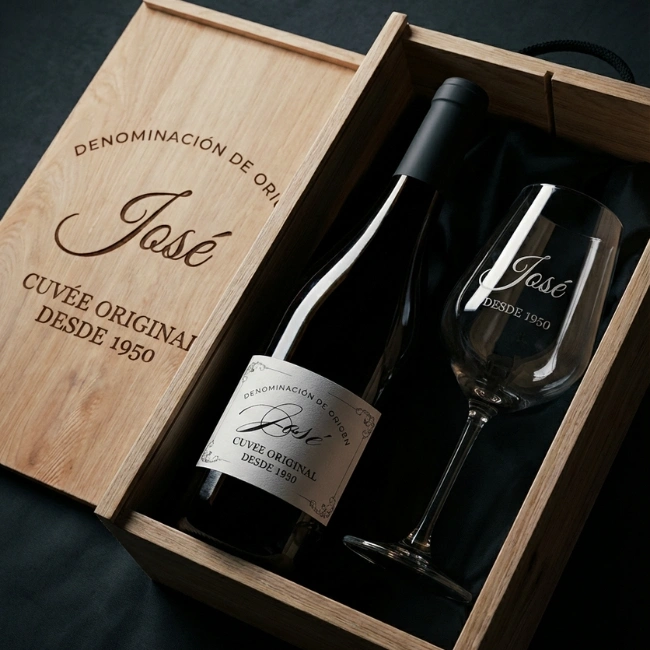 Kit DO Padre Cuvée Original caja, botella de vino tino y copa personalizada.  - Vino personalizado