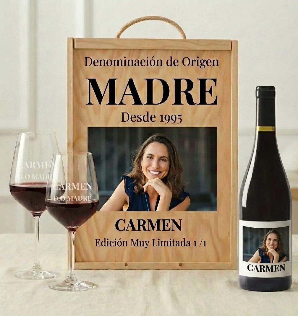 Kit DO Madre – Caja, Vino Personalizado y 2 Copas Grabadas - Vino personalizado
