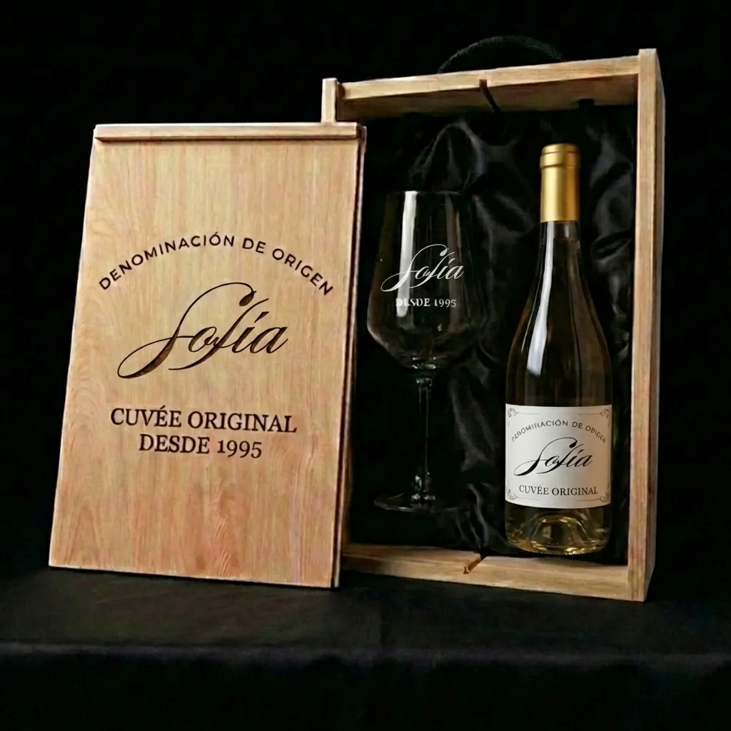 Kit DO Madre Cuvée Original caja, botella de vino y copa personalizada.  - Imagen 4 - Vinos personalizados