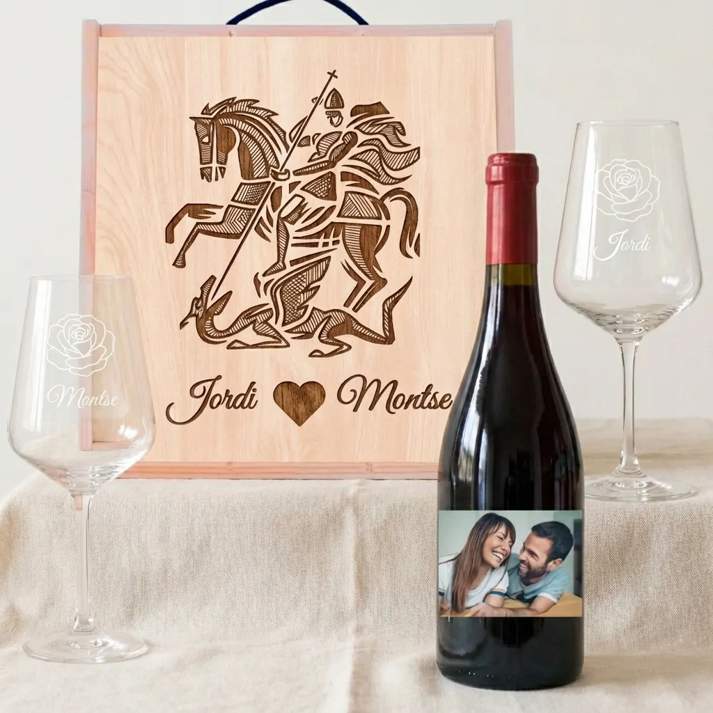 Kit "Sant Jordi" de vino regalo personalizado con caja y 2 copas. - Imagen 1 - Vinos personalizados