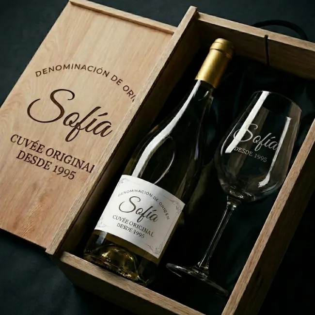Kit DO Madre Cuvée Original caja, botella de vino y copa personalizada.  - Imagen 1 - Vinos personalizados