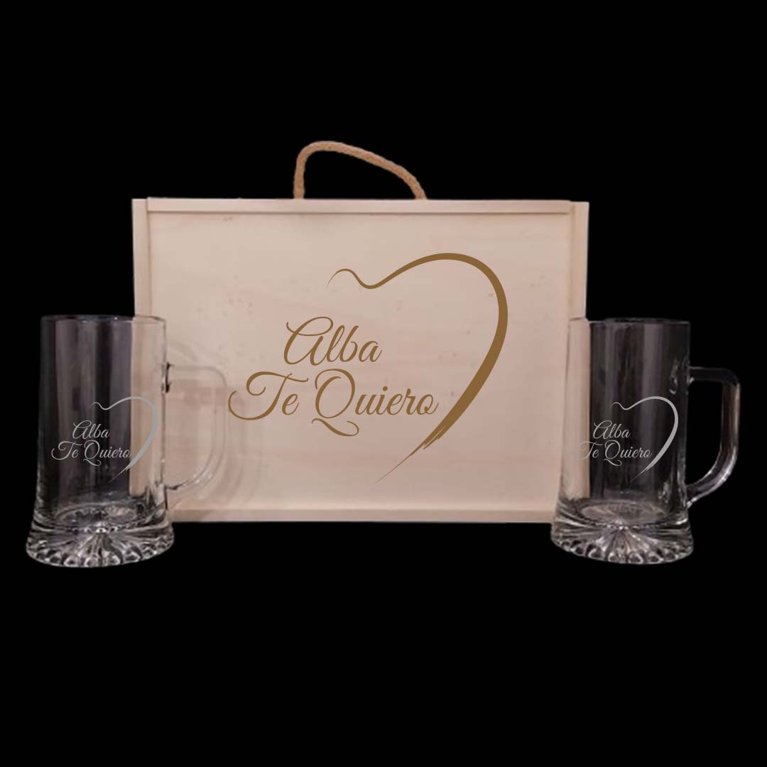 Kit de 2 Jarras de cerveza grabadas a punta de diamante con estuche de madera personalizado - Modelo corazón - Vino personalizado