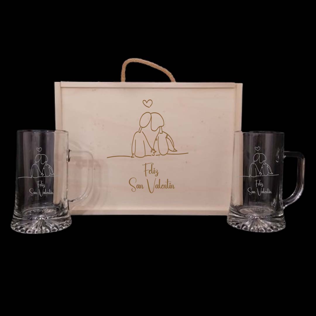 Kit de 2 Jarras de cerveza grabadas a punta de diamante con estuche de madera personalizado - Modelo San Valentin - Vino personalizado
