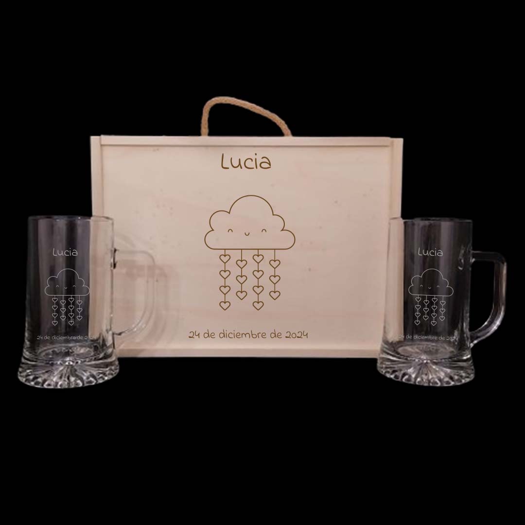 Kit de 2 Jarras de cerveza grabadas a punta de diamante con estuche de madera personalizado - Modelo Bautizo - Vino personalizado