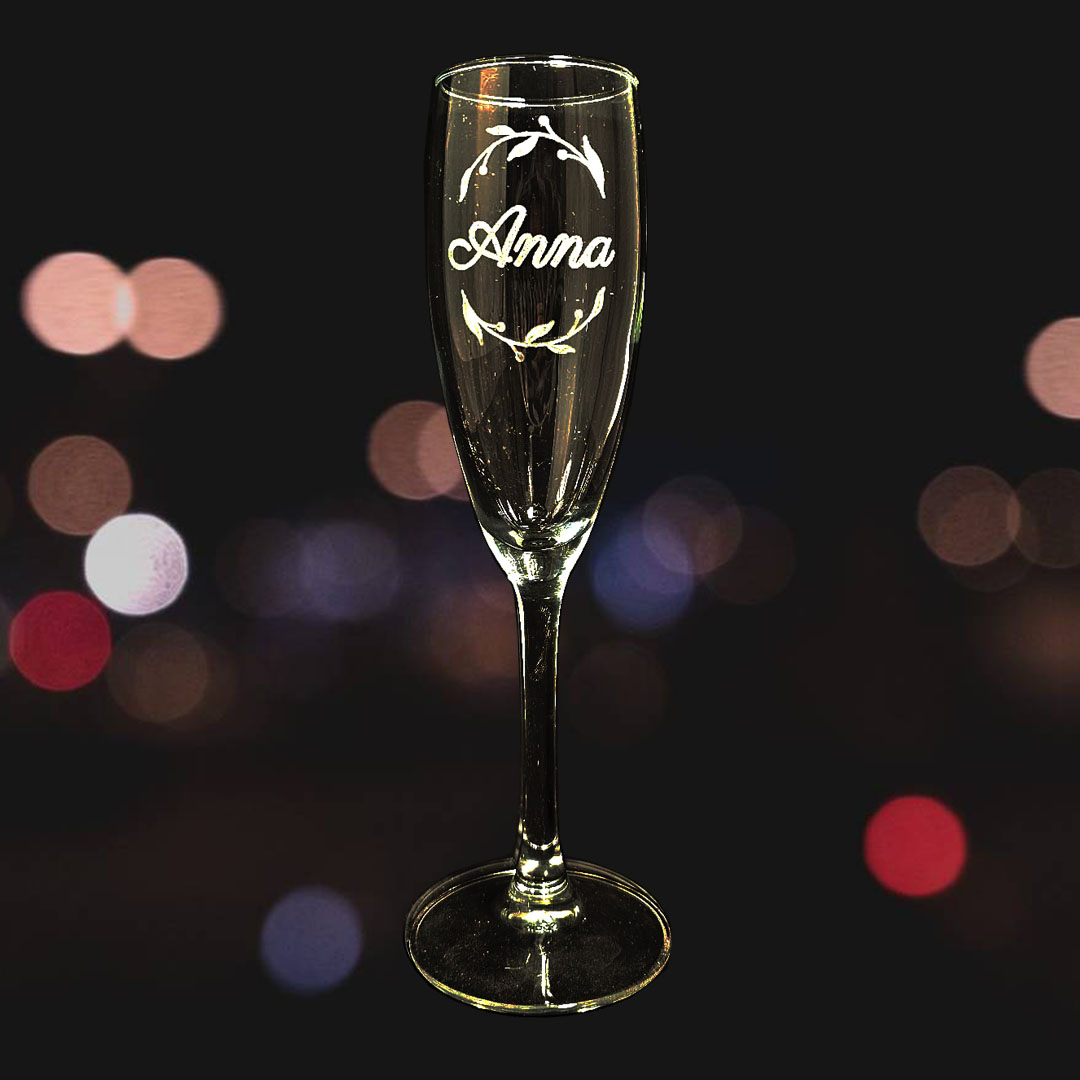 Copa de cava grabada a punta de diamante - Set de 4 - Modelo corona con hojas - Vino personalizado