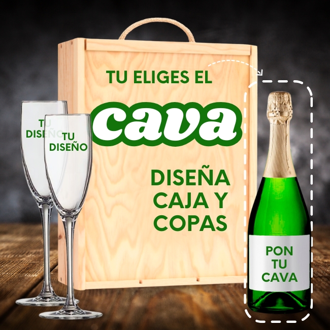 Kit Pon Tu Cava con Copas y Caja de Madera Personalizados - Vino personalizado