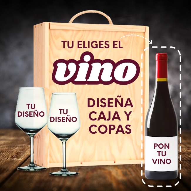 Kit Pon Tu Vino con Copas y Caja de Madera Personalizados - Vino personalizado