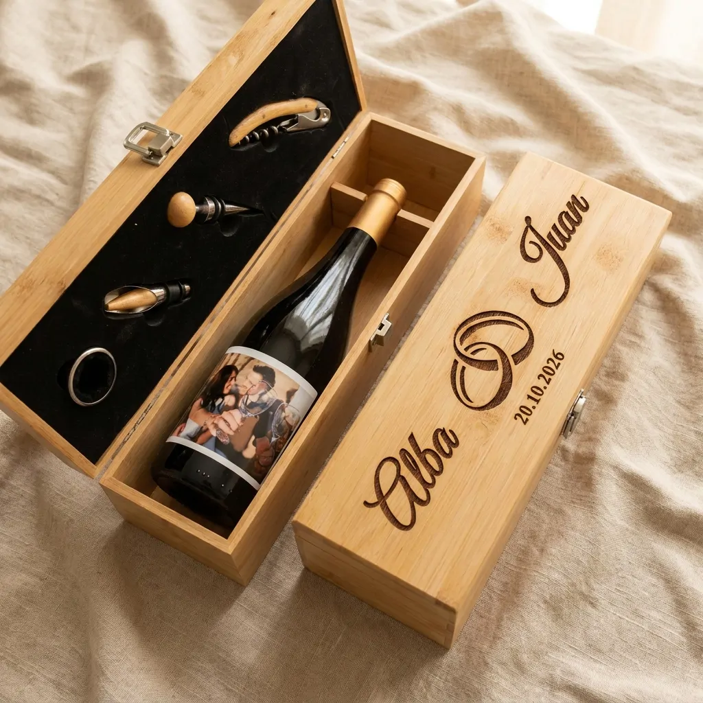 Set de Vino Personalizado con Estuche de Bambú y Accesorios - Modelo Anillos - Vino personalizado