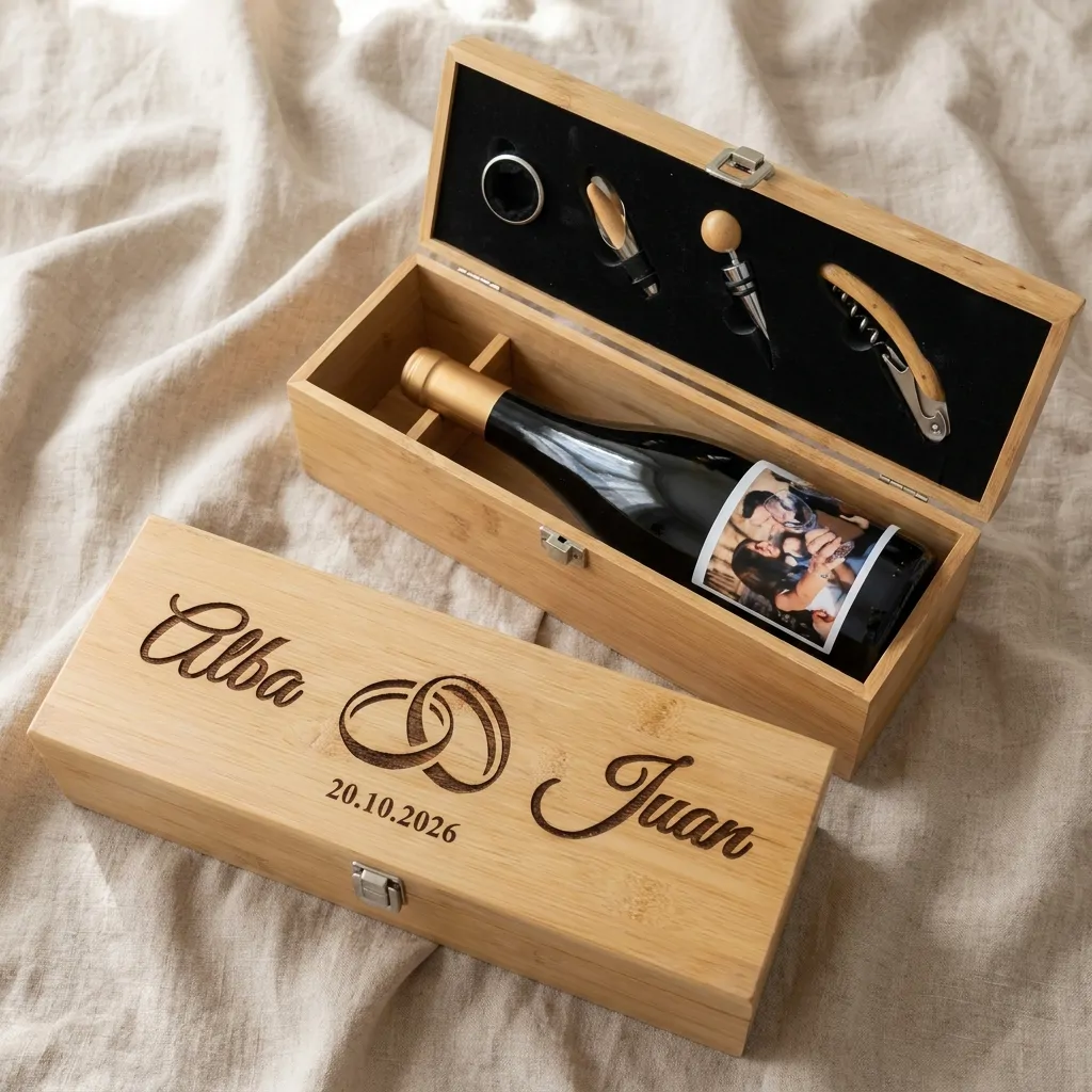 Set de Vino Personalizado con Estuche de Bambú y Accesorios - Modelo Anillos - Vista alternativa