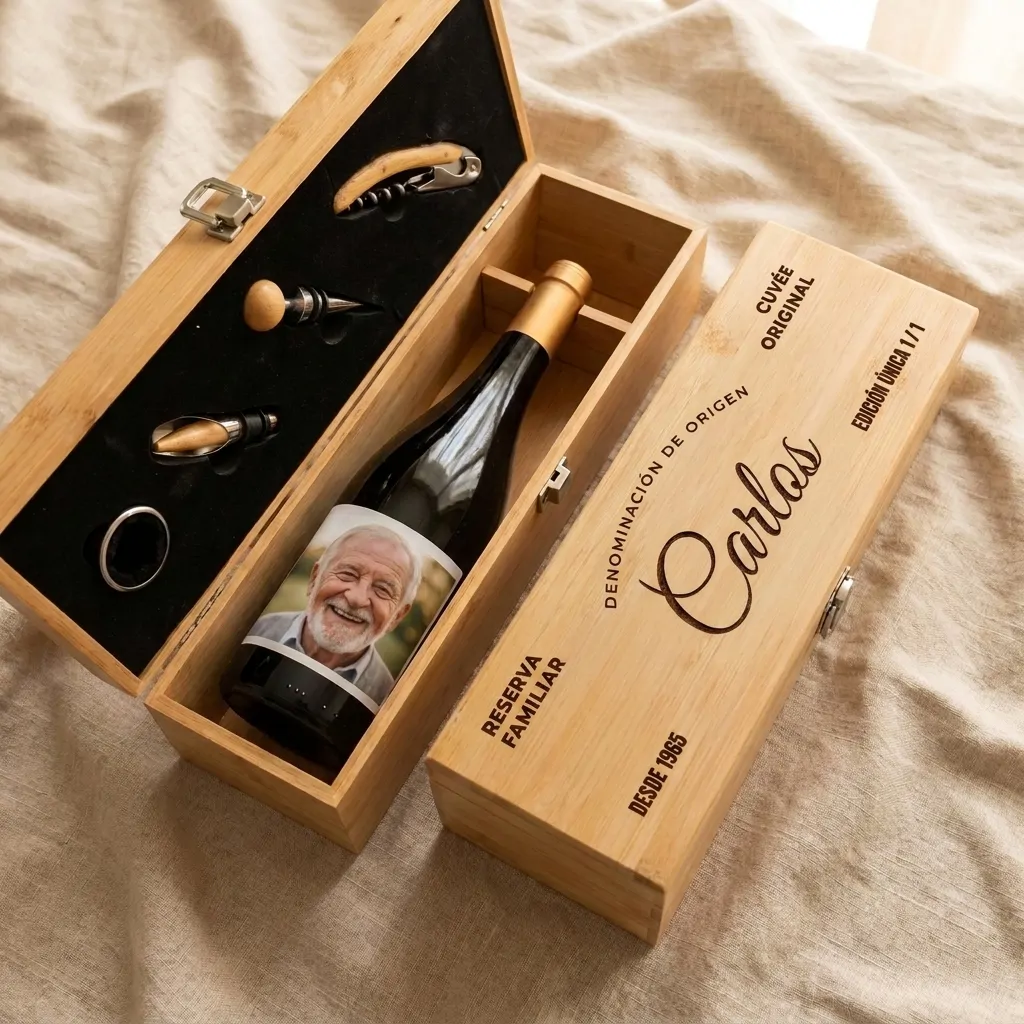 Cofre de Vino Personalizado con Estuche de Bambú y Accesorios - Modelo DO Padre