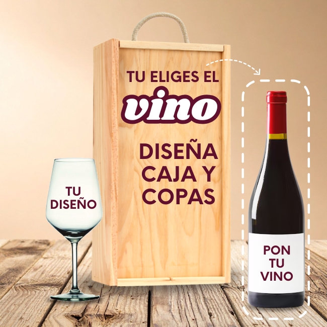 Kit Pon Tu Vino con Copa y Caja de Madera Personalizado - Vino personalizado