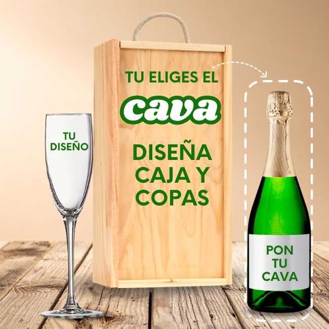 Kit Pon Tu Cava con Copa y Caja de Madera Personalizado - Vino personalizado