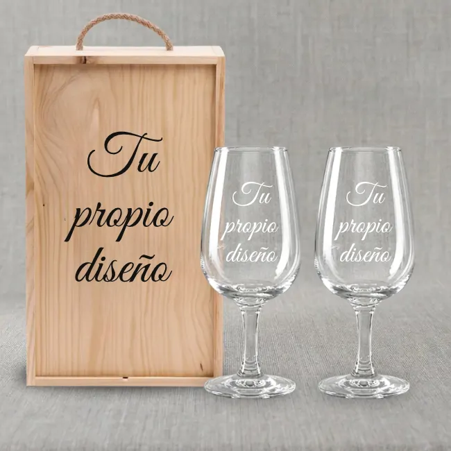 Kit de 2 copas de Catavinos con estuche de madera personalizado