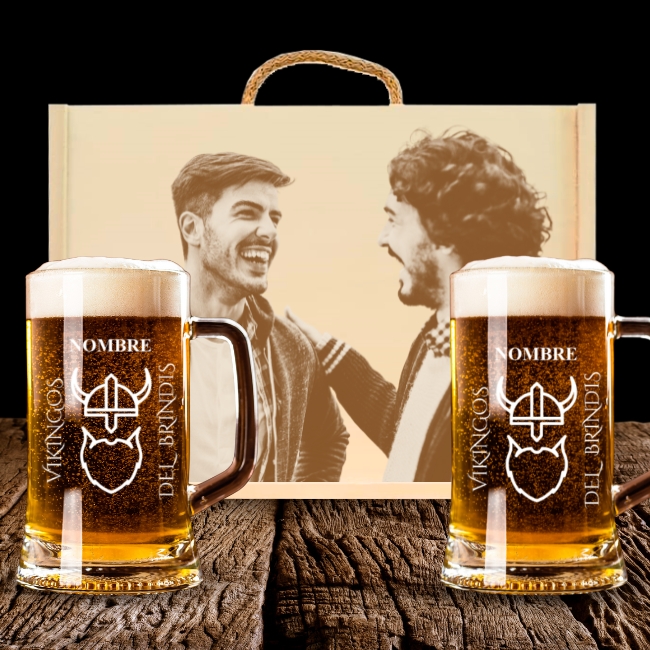 2 Jarras de Cerveza y Caja Personalizadas – Modelo Vikingos con Grabado Individual - Vino personalizado